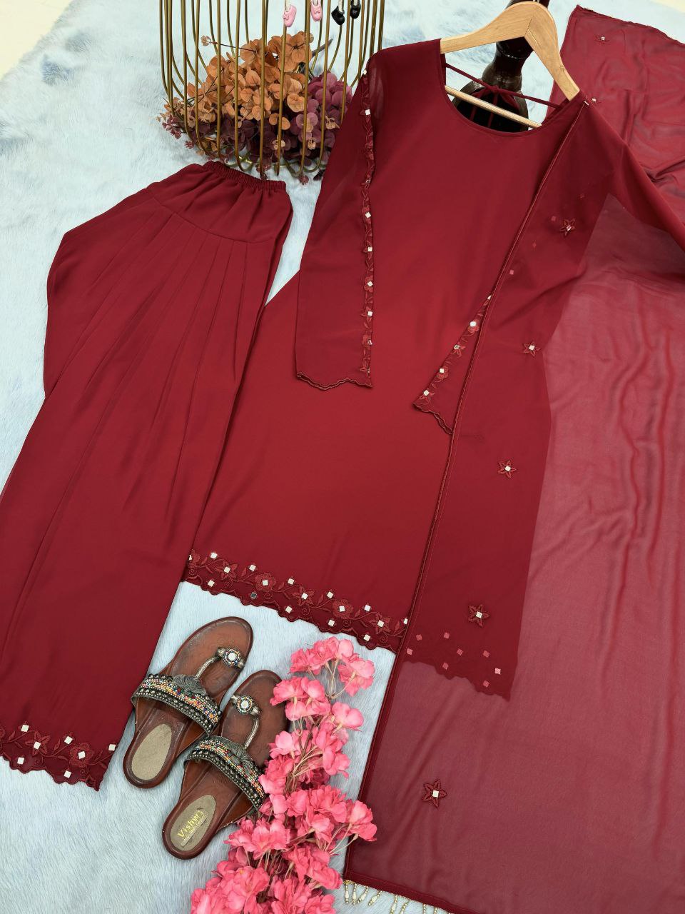 Designer Party Wear Georgette Top with Farshi Plazzo & Dupatta – Fully Stitched Set