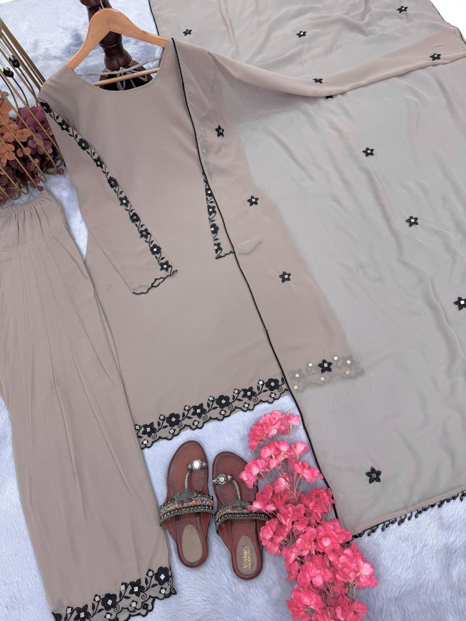 Designer Party Wear Georgette Top with Farshi Plazzo & Dupatta – Fully Stitched Set