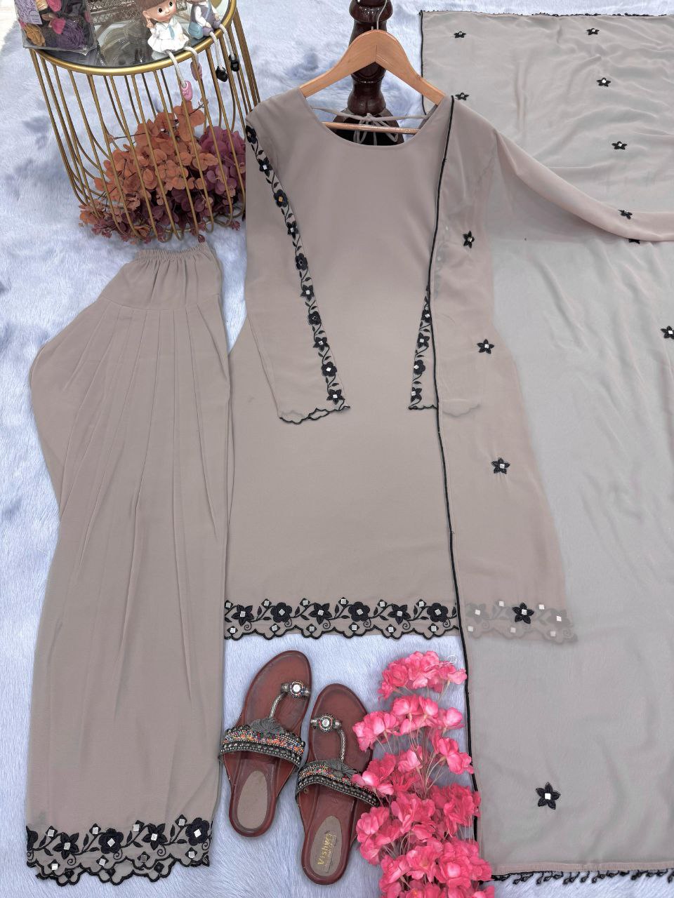 Designer Party Wear Georgette Top with Farshi Plazzo & Dupatta – Fully Stitched Set