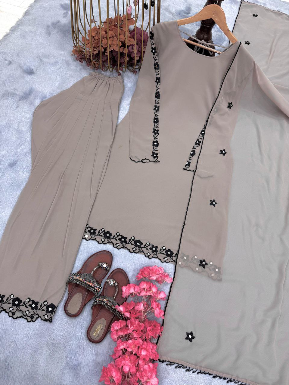 Designer Party Wear Georgette Top with Farshi Plazzo & Dupatta – Fully Stitched Set