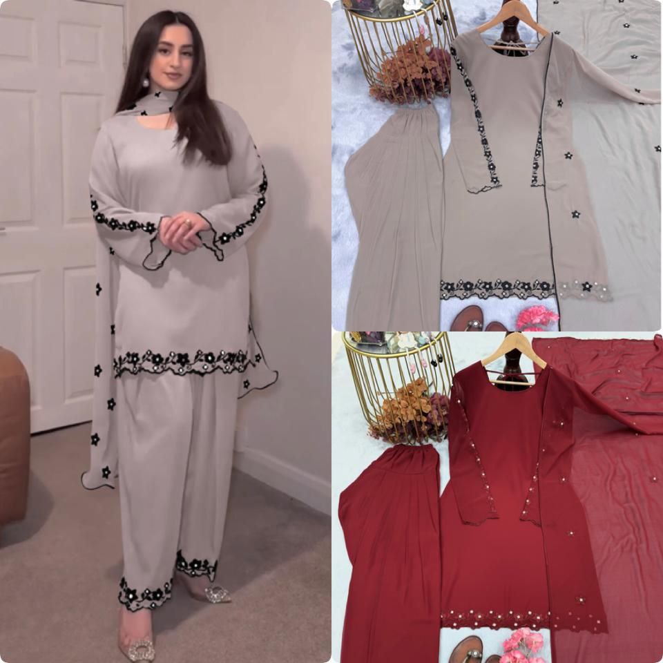 Designer Party Wear Georgette Top with Farshi Plazzo & Dupatta – Fully Stitched Set