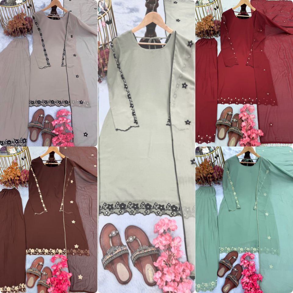 Designer Party Wear Georgette Top with Farshi Plazzo & Dupatta – Fully Stitched Set