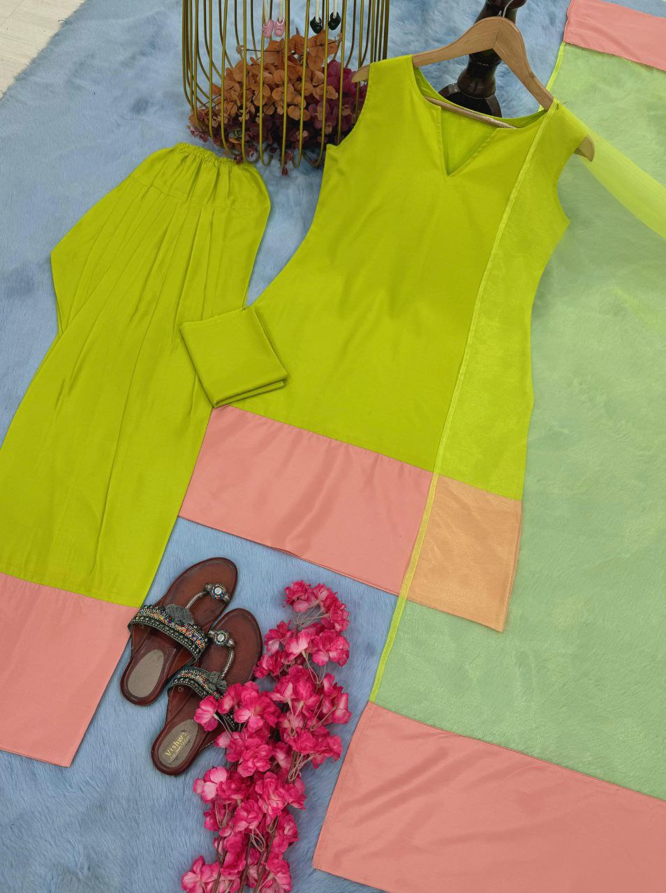 Designer Party Wear Natural Crap Silk Top with Farshi Palazzo & Organza Dupatta Set
