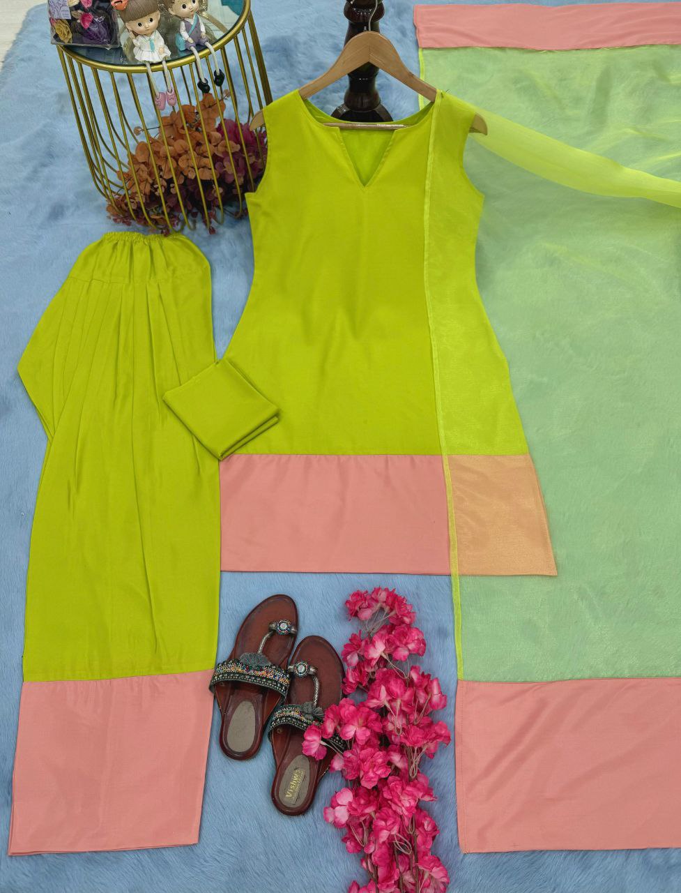 Designer Party Wear Natural Crap Silk Top with Farshi Palazzo & Organza Dupatta Set