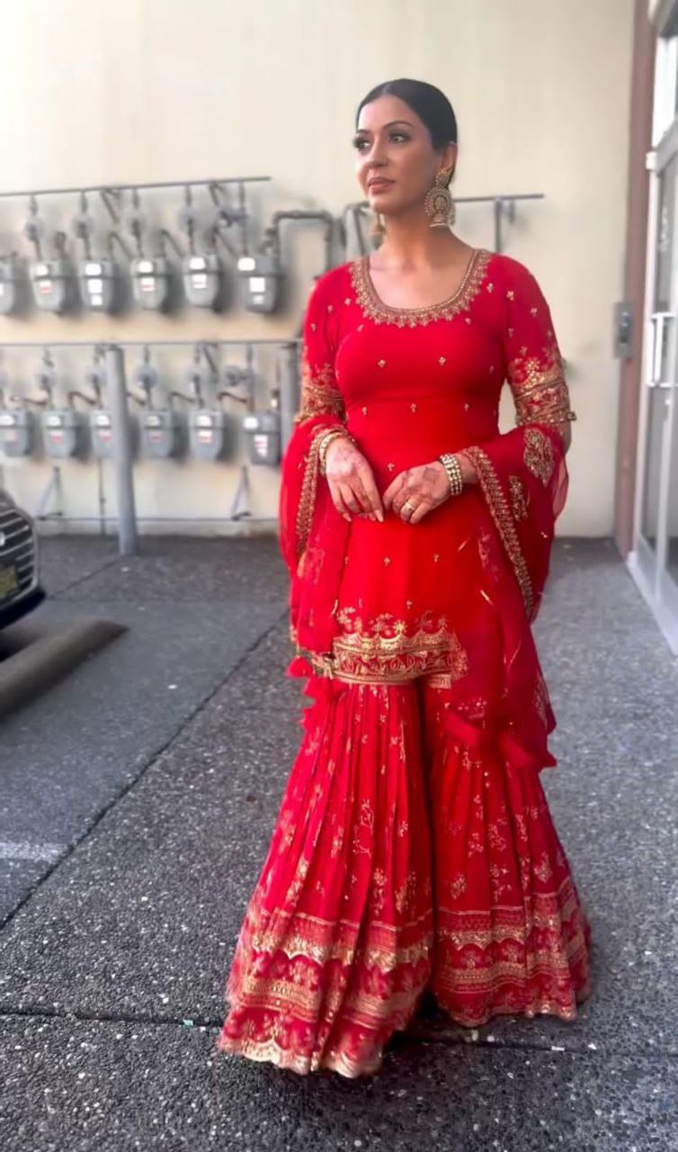 Designer Party Wear Faux Georgette Top, Sharara Palazzo, and Dupatta Set