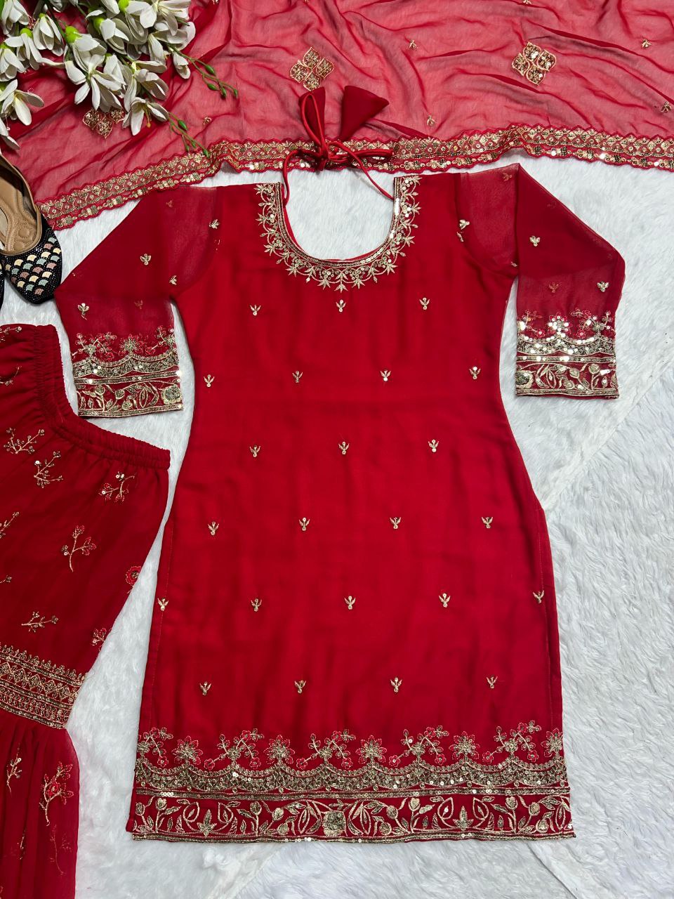 Designer Party Wear Faux Georgette Top, Sharara Palazzo, and Dupatta Set