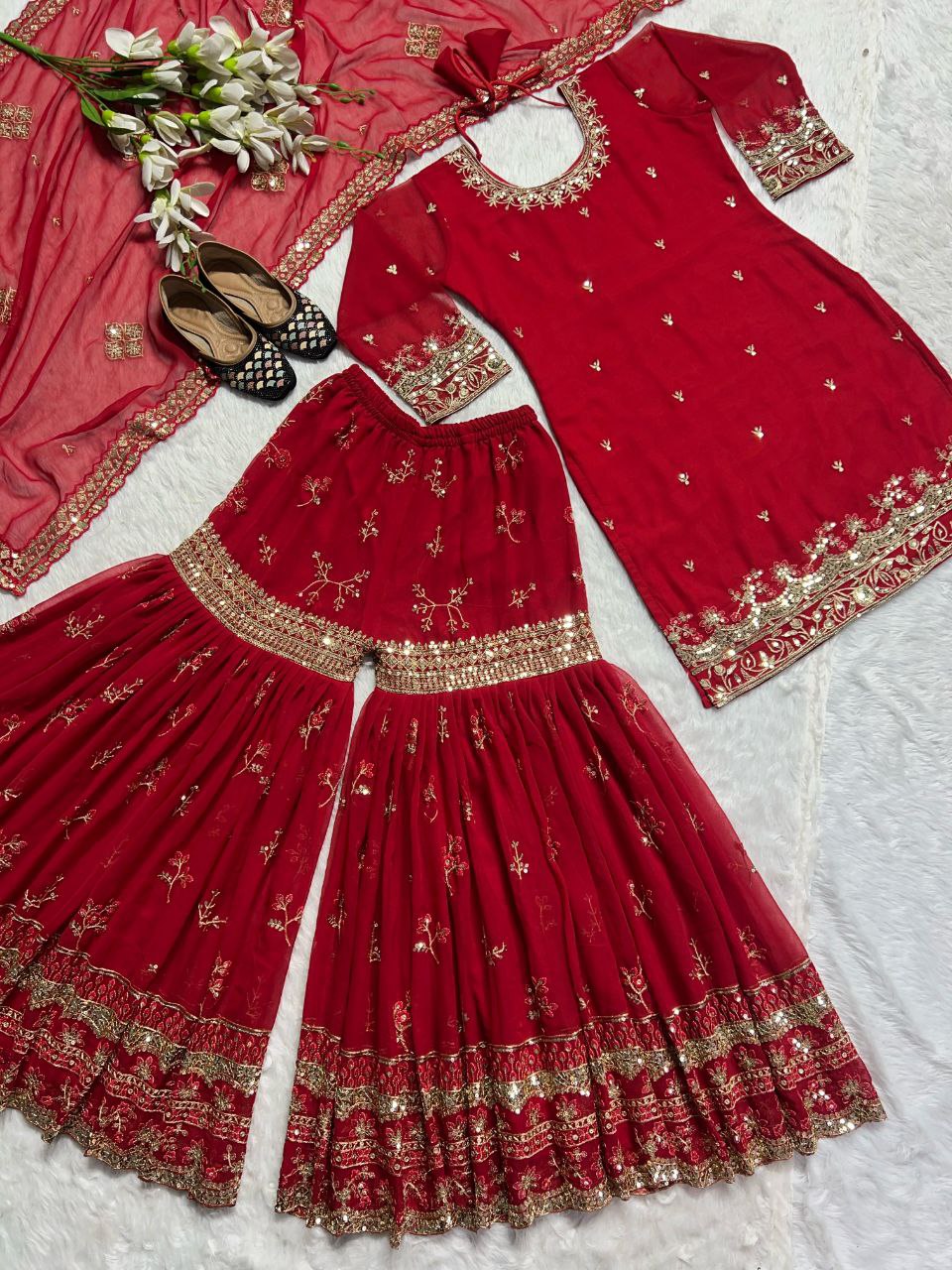 Designer Party Wear Faux Georgette Top, Sharara Palazzo, and Dupatta Set