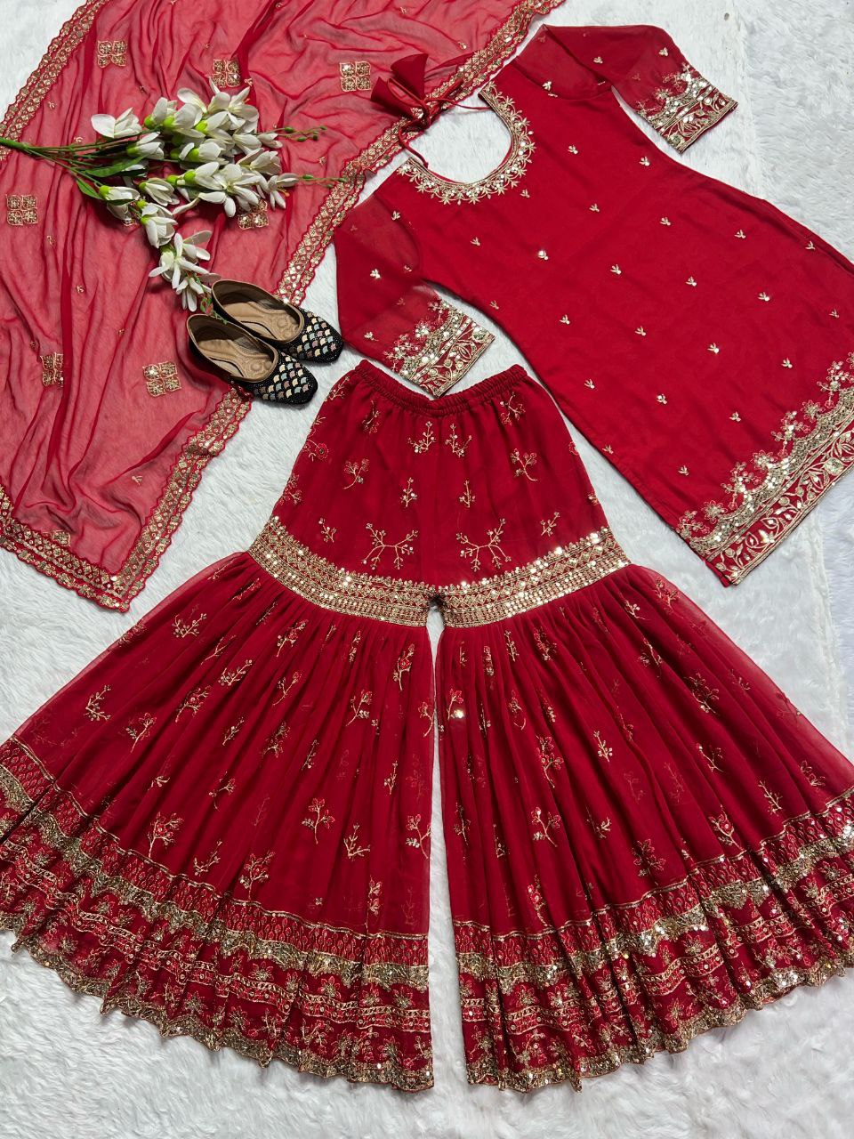 Designer Party Wear Faux Georgette Top, Sharara Palazzo, and Dupatta Set