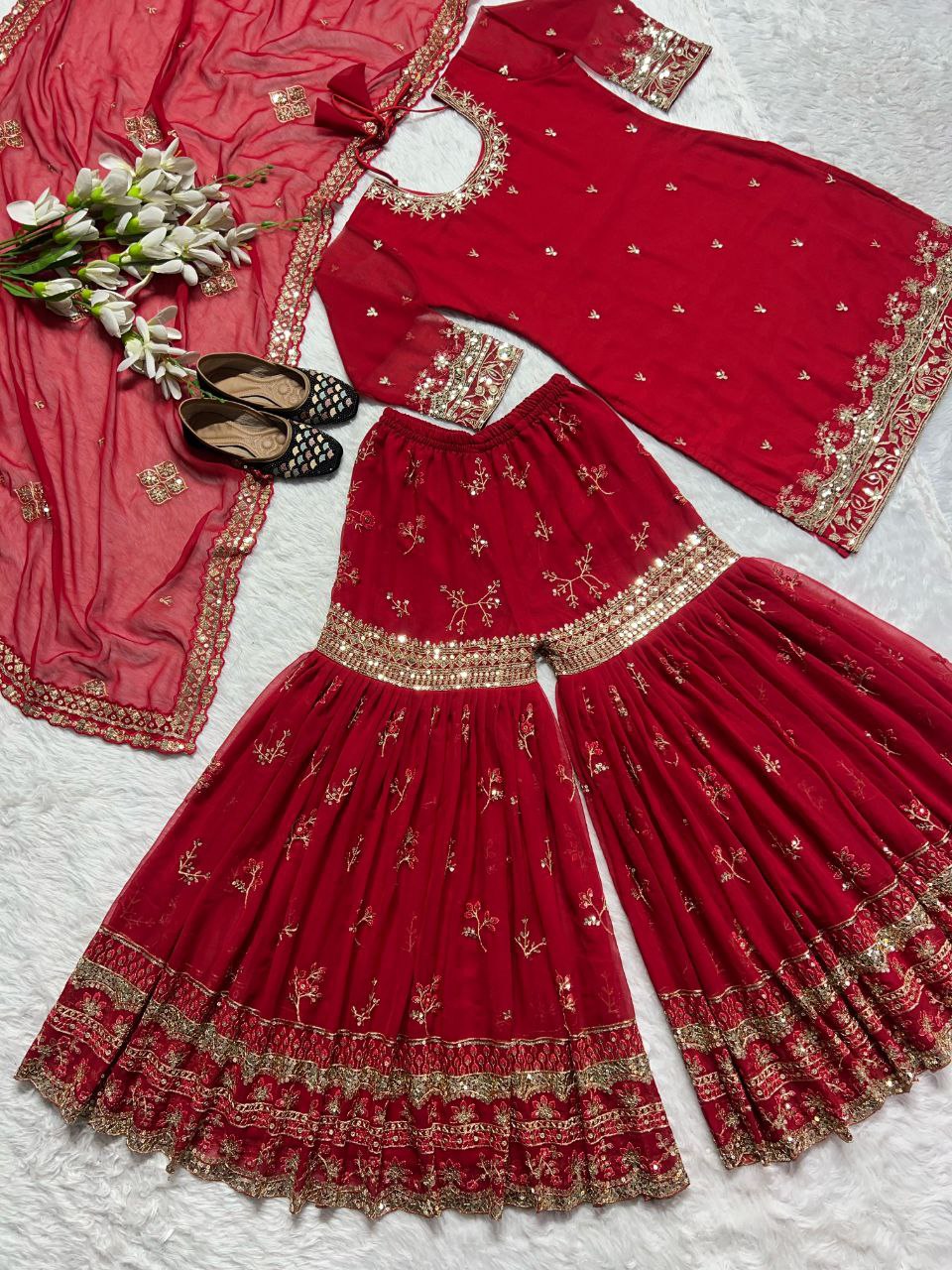 Designer Party Wear Faux Georgette Top, Sharara Palazzo, and Dupatta Set