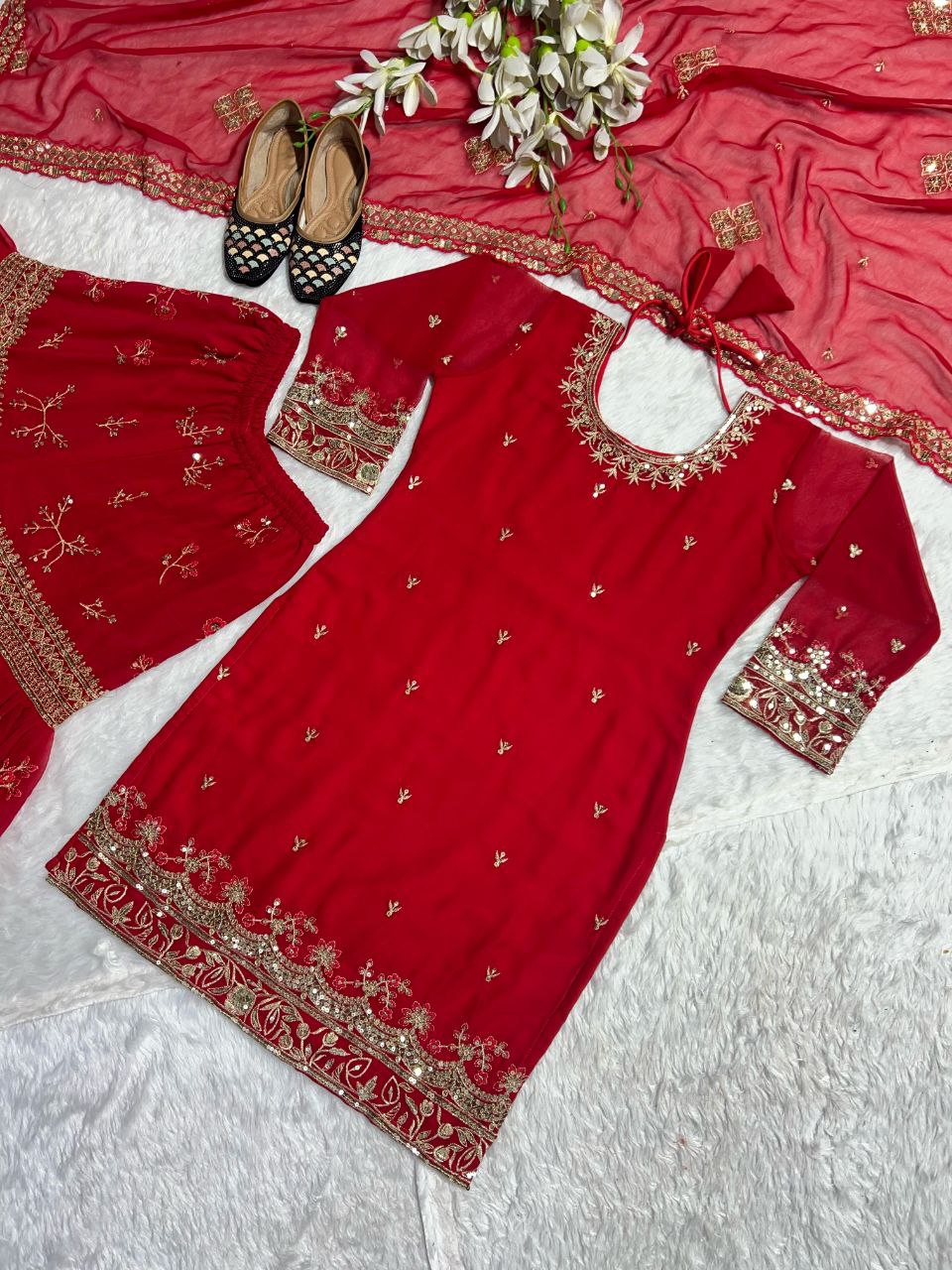 Designer Party Wear Faux Georgette Top, Sharara Palazzo, and Dupatta Set