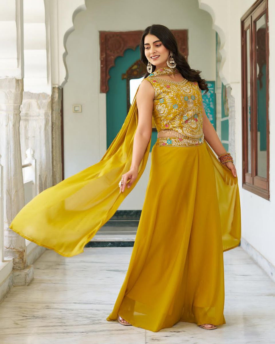 Designer Plazzo Set with Dupatta | Embroidered Georgette Blouse | Fully Stitched