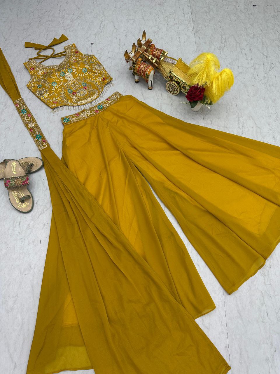 Designer Plazzo Set with Dupatta | Embroidered Georgette Blouse | Fully Stitched