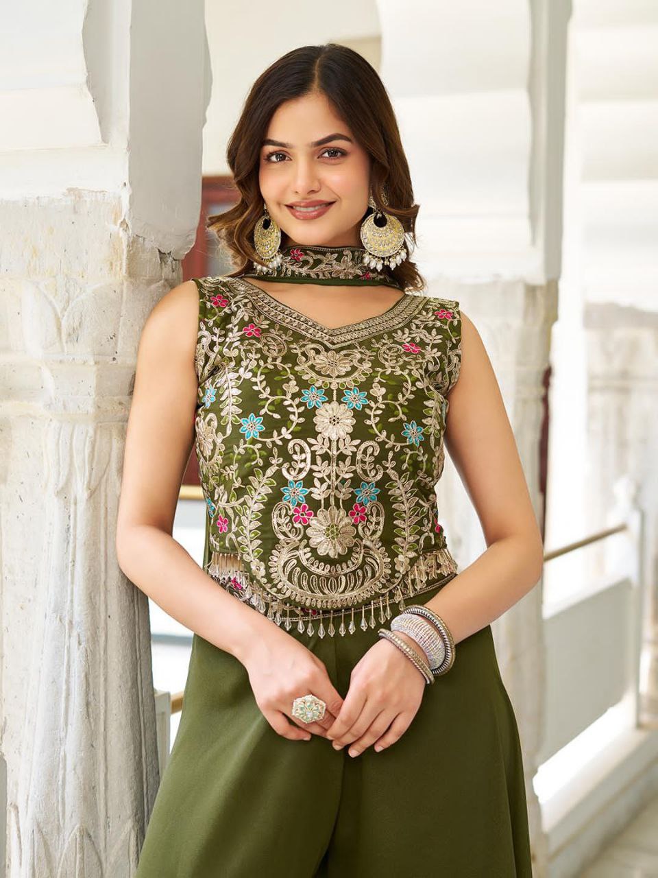 Designer Plazzo Set with Dupatta | Embroidered Georgette Blouse | Fully Stitched
