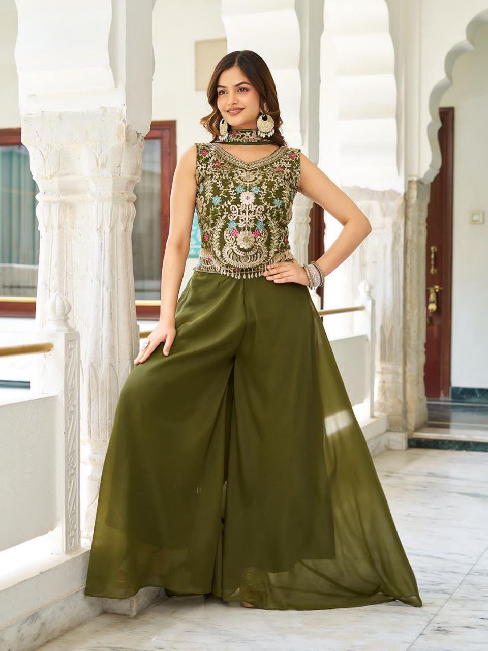 Designer Plazzo Set with Dupatta | Embroidered Georgette Blouse | Fully Stitched