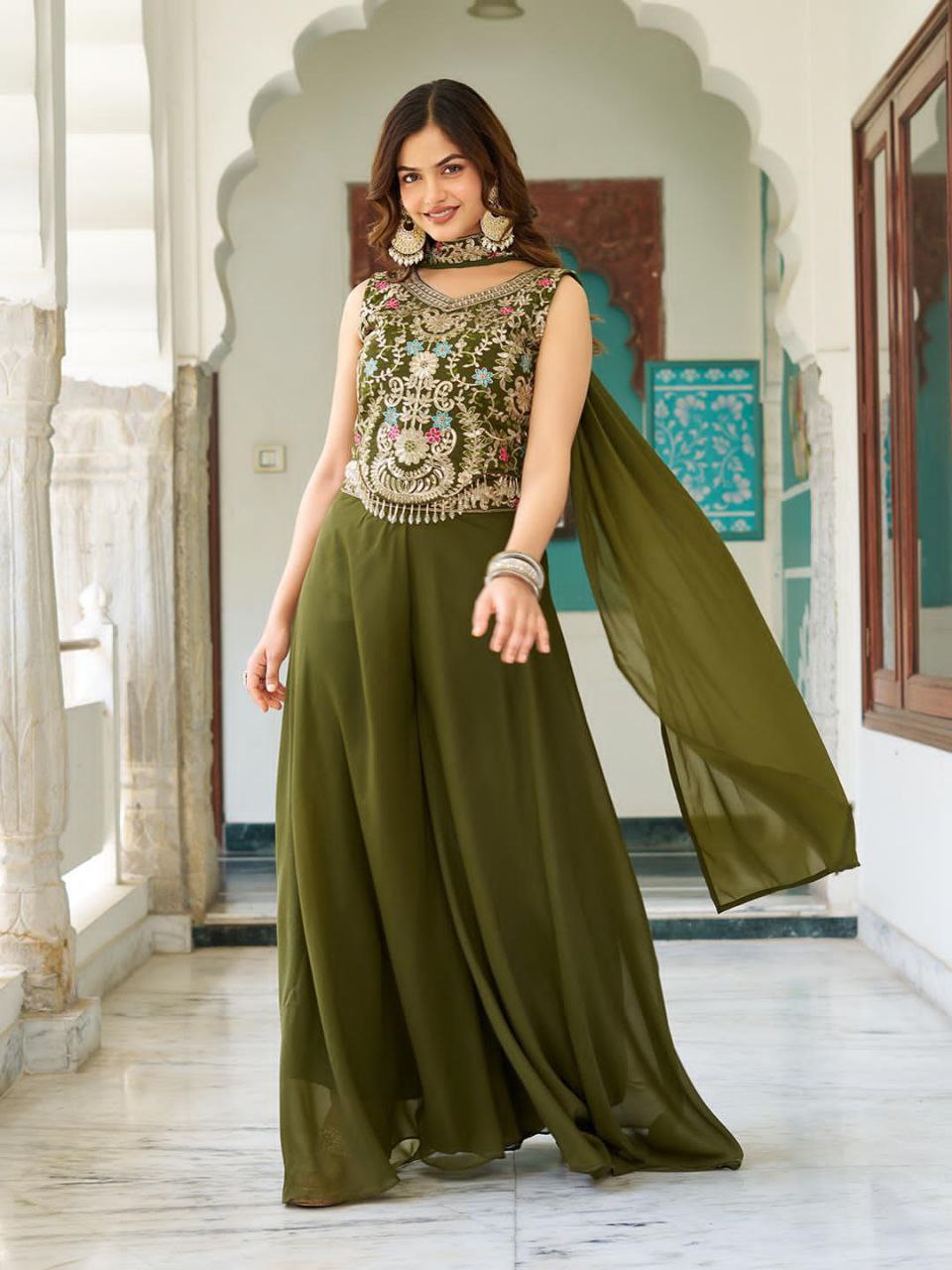 Designer Plazzo Set with Dupatta | Embroidered Georgette Blouse | Fully Stitched