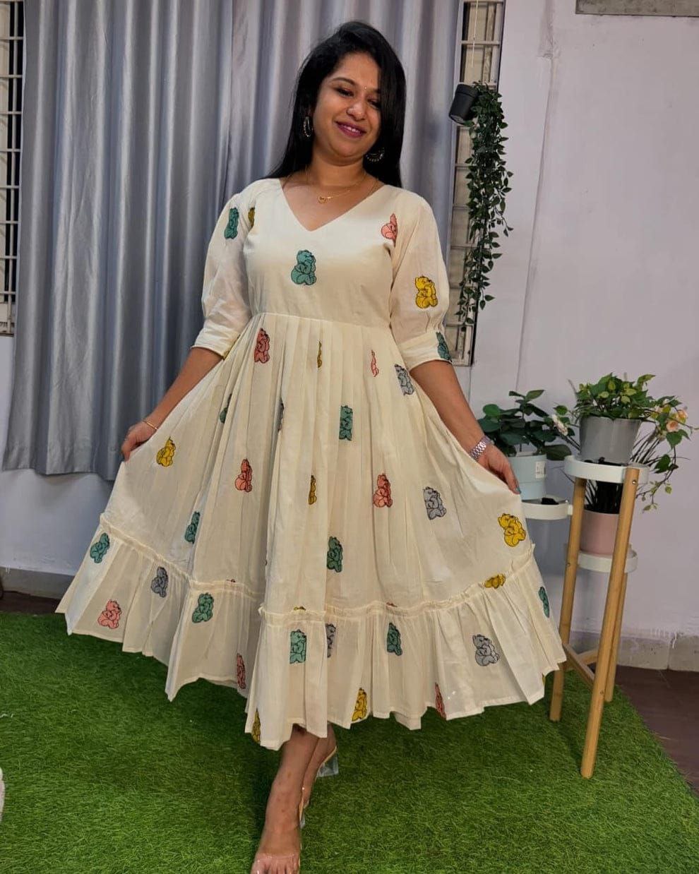 Designer Pour Cotton Flair Dress with Thread Work | Sizes XS–XXL | Back Zip | Fully Stitched
