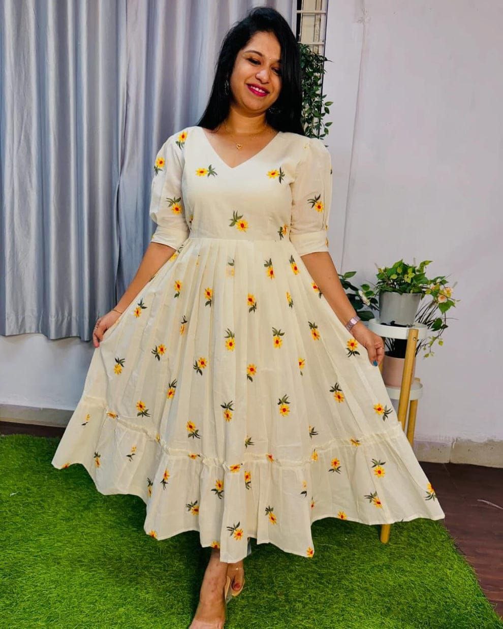 Designer Pour Cotton Flair Dress with Thread Work | Sizes XS–XXL | Back Zip | Fully Stitched