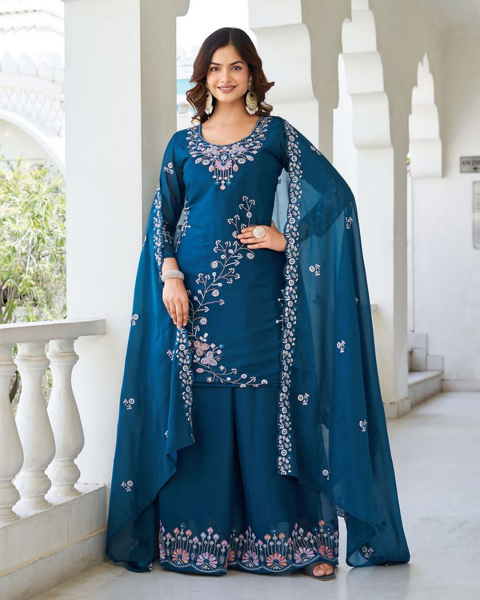 Designer Star Georgette Kurti Plazzo Dupatta Set with Moti & Sequin Embroidery Work | Ram Creation Premium Ethnic Wear