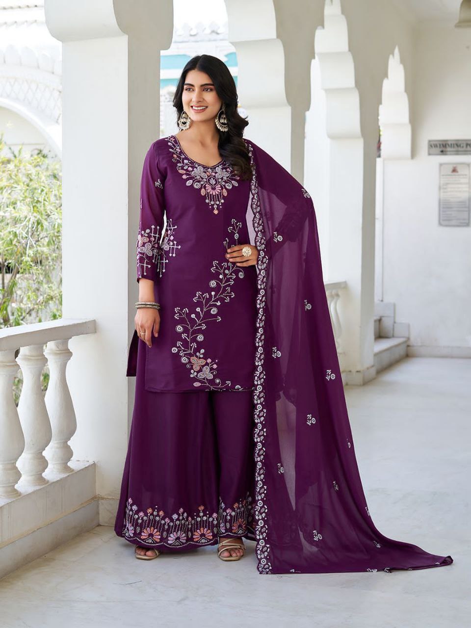 Designer Star Georgette Kurti Plazzo Dupatta Set with Moti & Sequin Embroidery Work | Ram Creation Premium Ethnic Wear