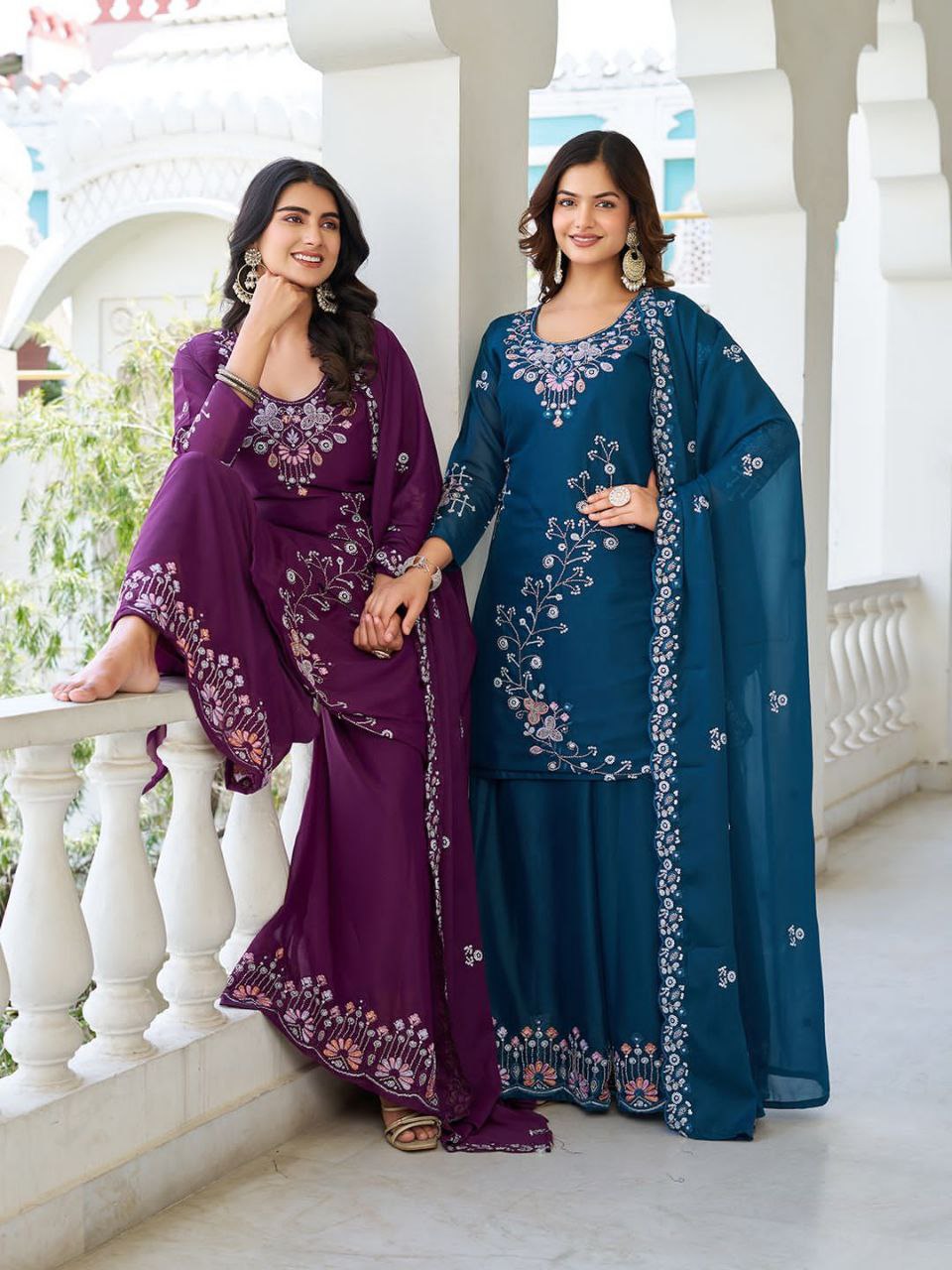 Designer Star Georgette Kurti Plazzo Dupatta Set with Moti & Sequin Embroidery Work | Ram Creation Premium Ethnic Wear