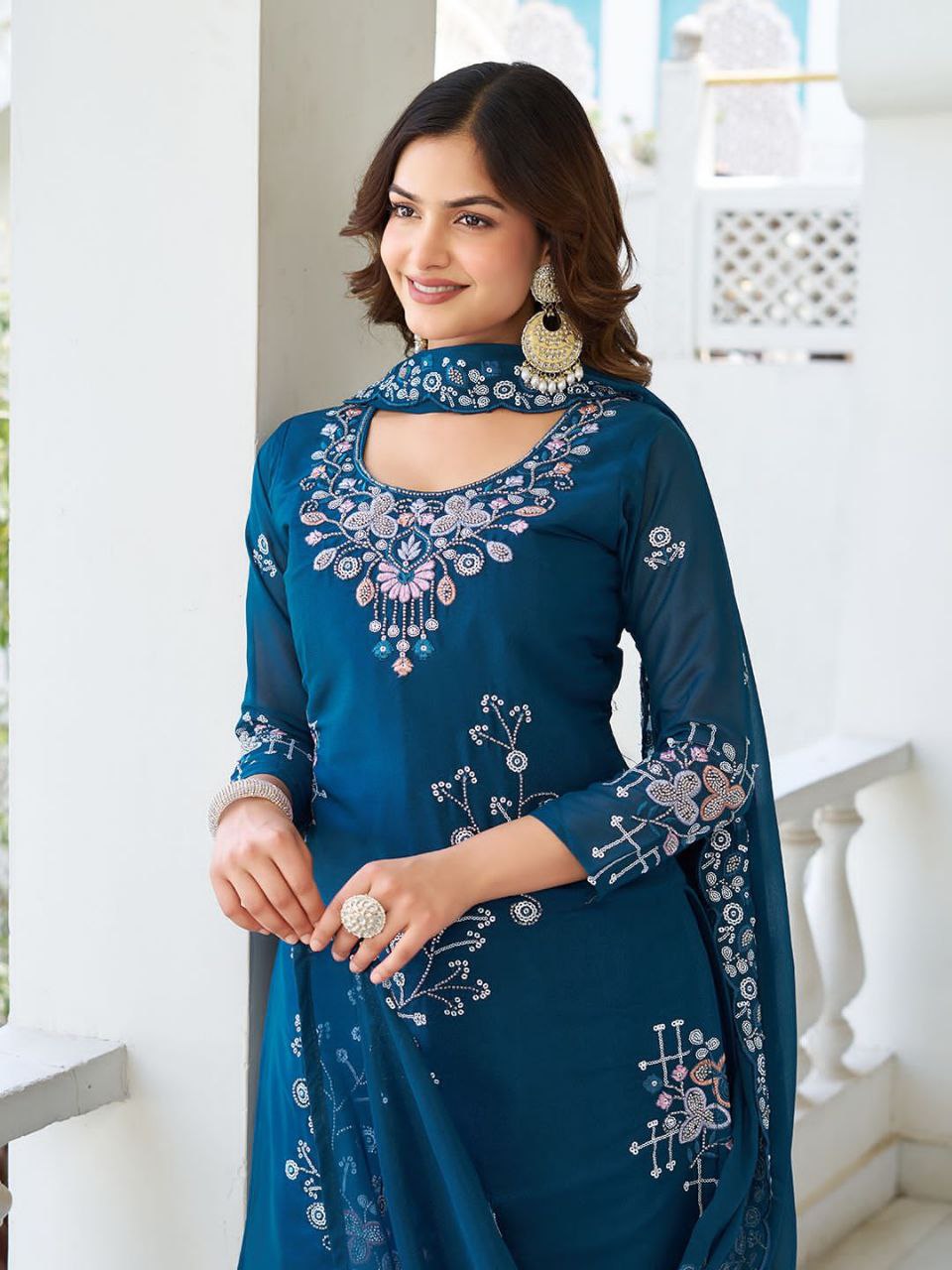 Designer Star Georgette Kurti Plazzo Dupatta Set with Moti & Sequin Embroidery Work | Ram Creation Premium Ethnic Wear