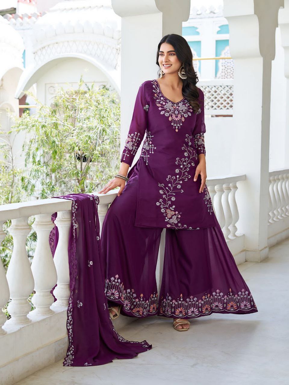 Designer Star Georgette Kurti Plazzo Dupatta Set with Moti & Sequin Embroidery Work | Ram Creation Premium Ethnic Wear