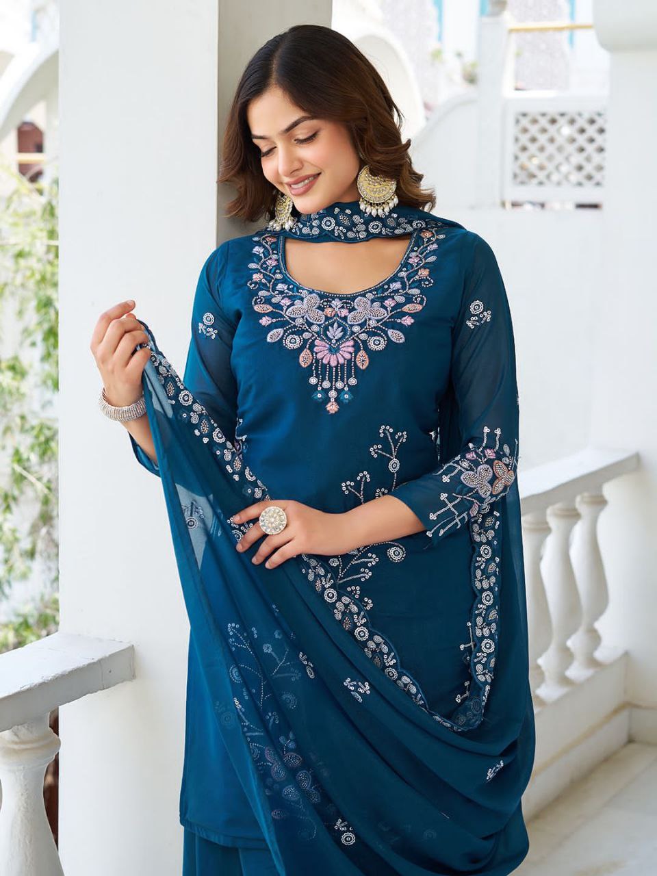 Designer Star Georgette Kurti Plazzo Dupatta Set with Moti & Sequin Embroidery Work | Ram Creation Premium Ethnic Wear