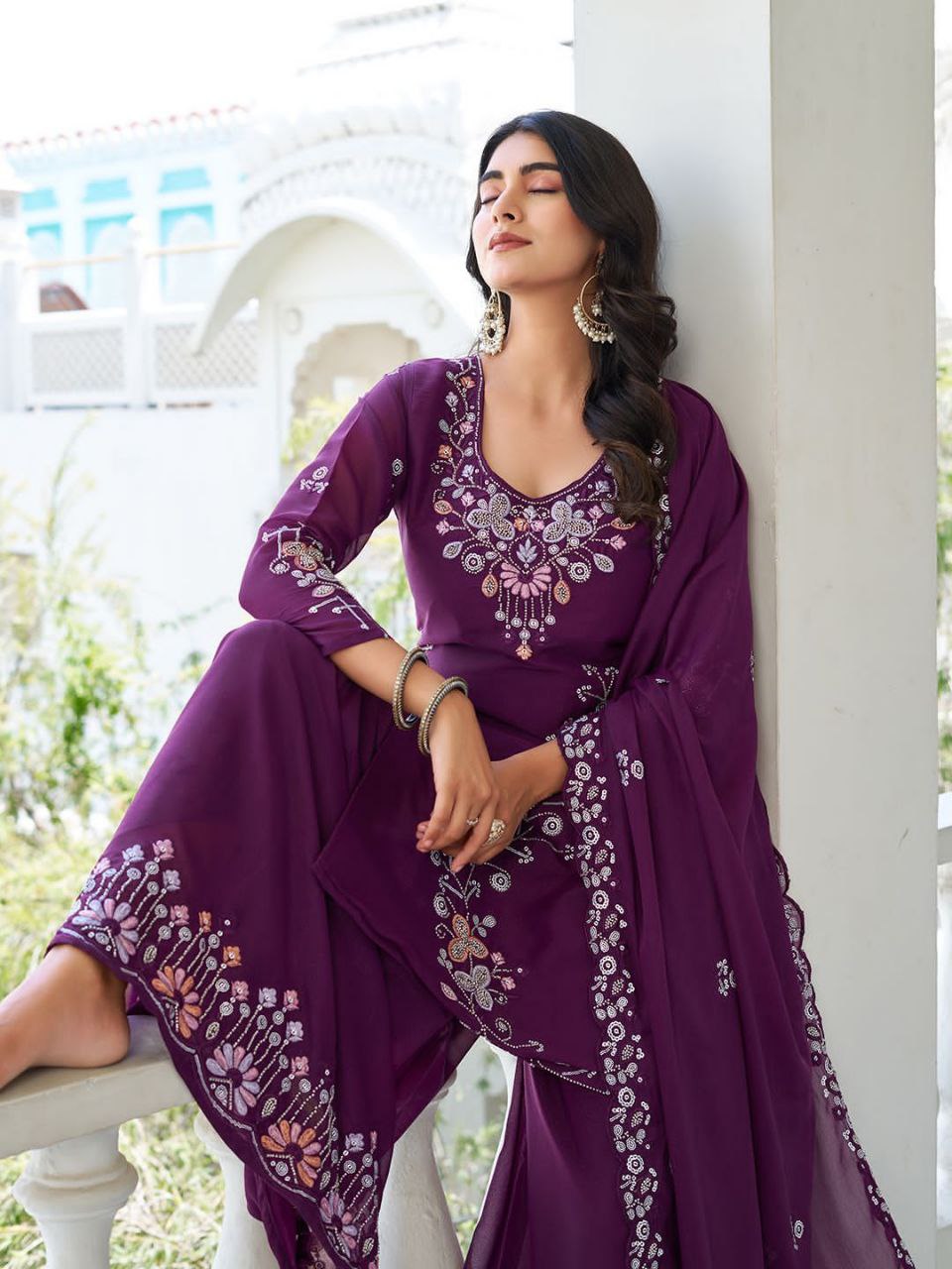 Designer Star Georgette Kurti Plazzo Dupatta Set with Moti & Sequin Embroidery Work | Ram Creation Premium Ethnic Wear