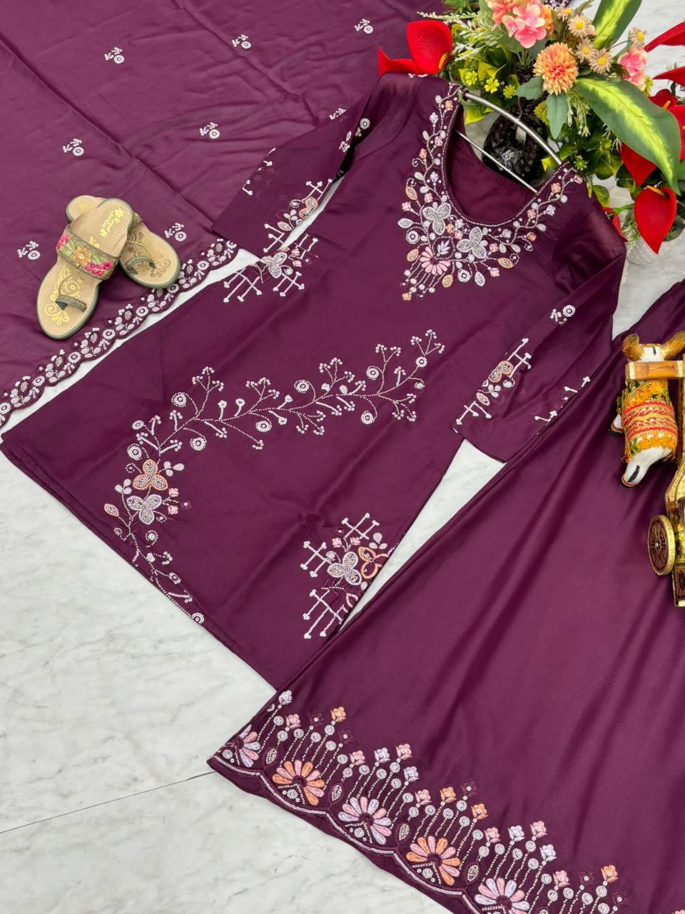 Designer Star Georgette Kurti Plazzo Dupatta Set with Moti & Sequin Embroidery Work | Ram Creation Premium Ethnic Wear