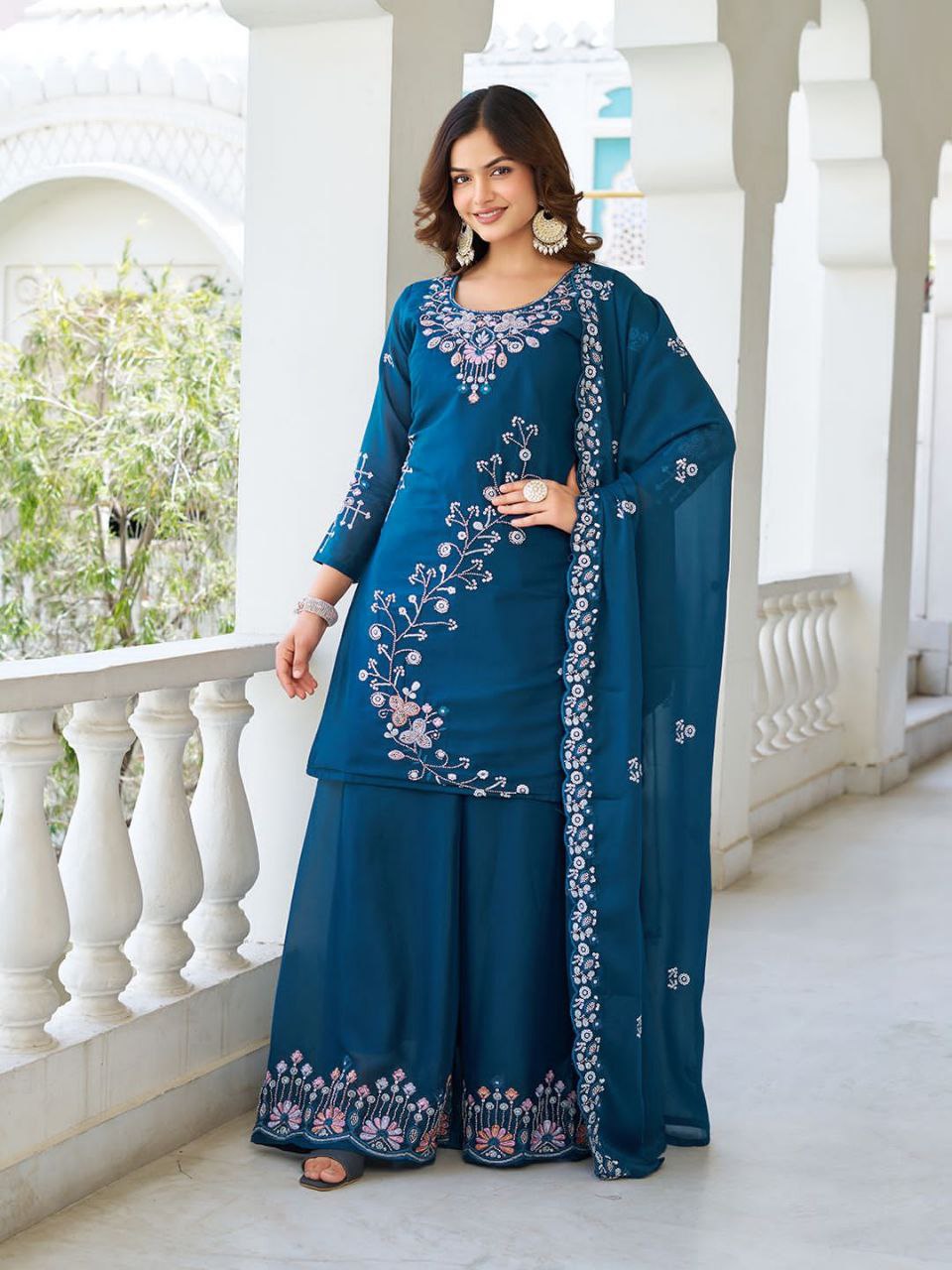 Designer Star Georgette Kurti Plazzo Dupatta Set with Moti & Sequin Embroidery Work | Ram Creation Premium Ethnic Wear