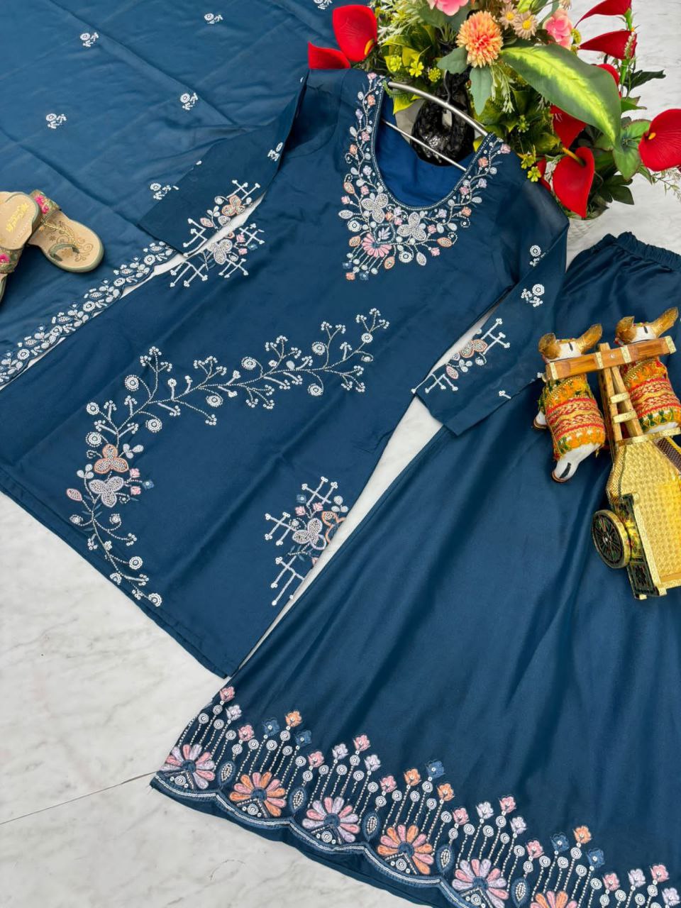 Designer Star Georgette Kurti Plazzo Dupatta Set with Moti & Sequin Embroidery Work | Ram Creation Premium Ethnic Wear