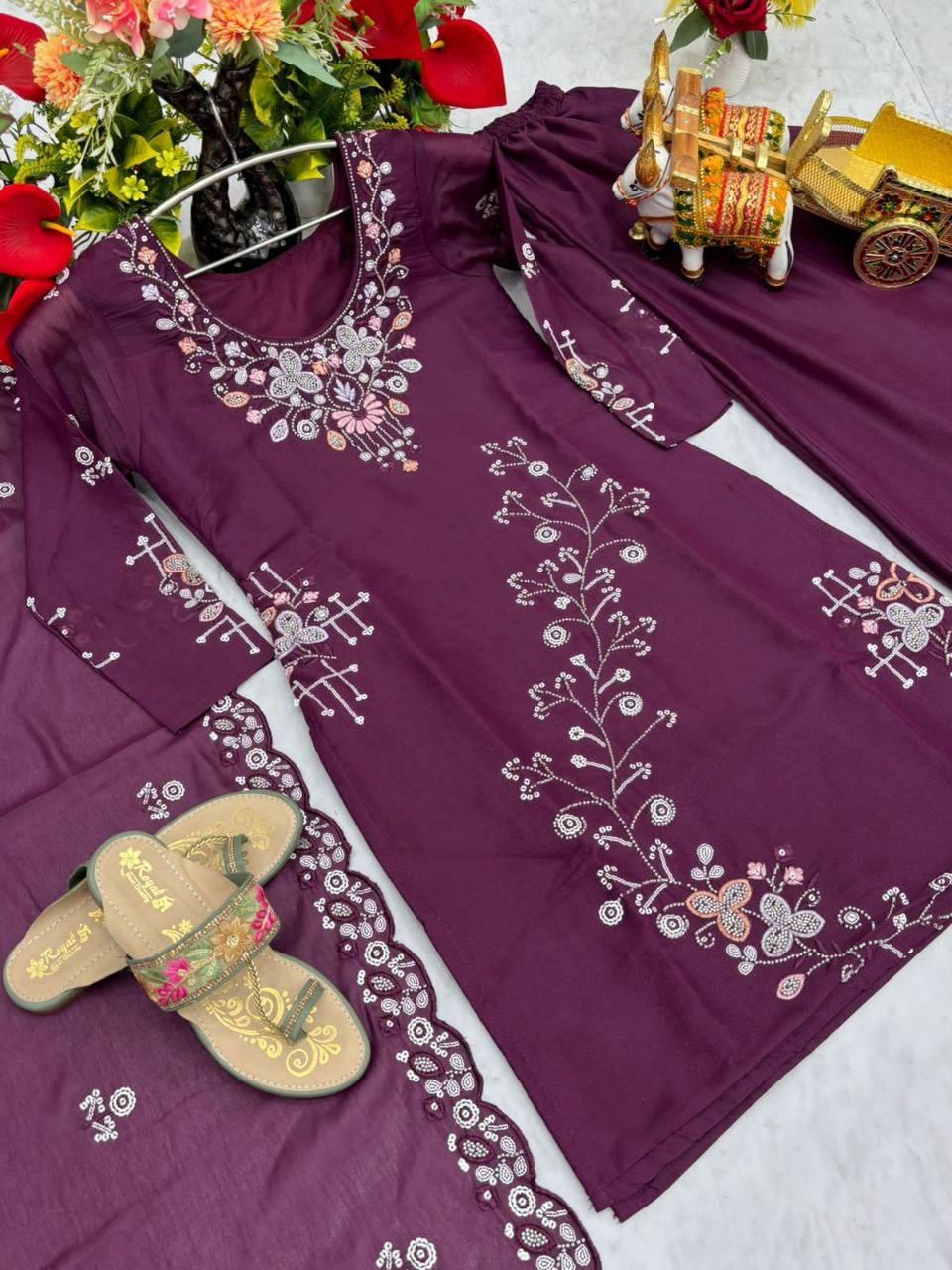 Designer Star Georgette Kurti Plazzo Dupatta Set with Moti & Sequin Embroidery Work | Ram Creation Premium Ethnic Wear