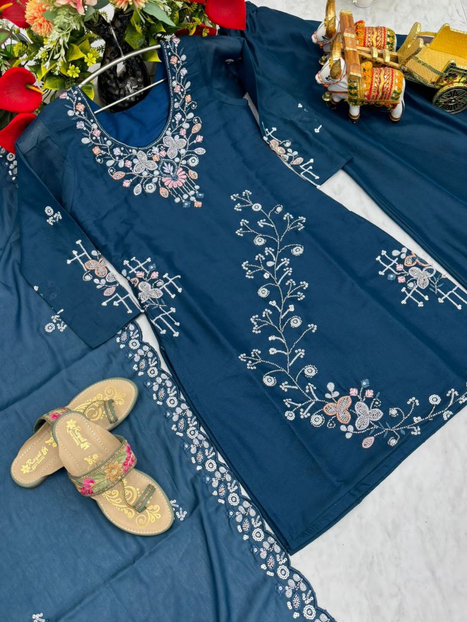 Designer Star Georgette Kurti Plazzo Dupatta Set with Moti & Sequin Embroidery Work | Ram Creation Premium Ethnic Wear