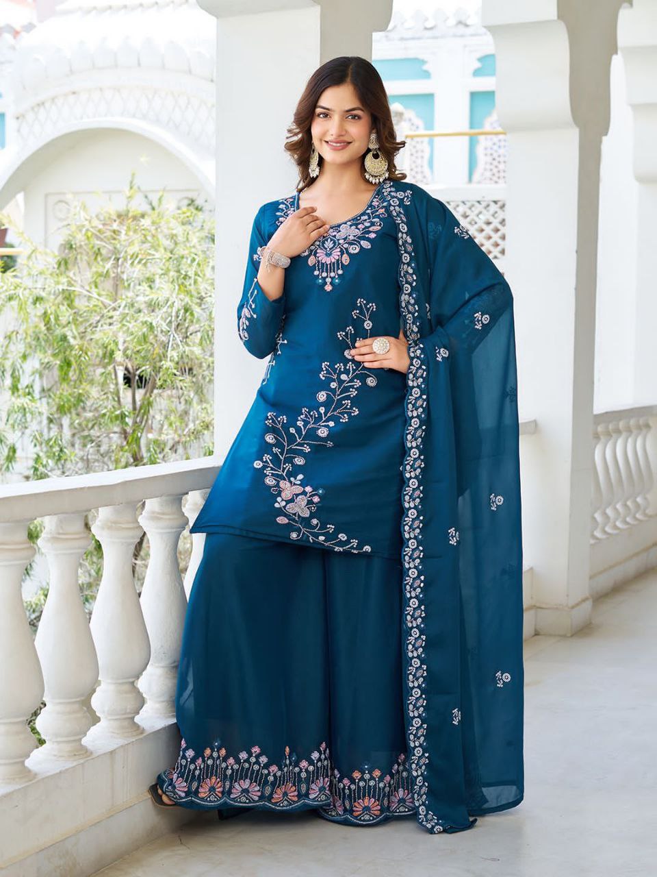 Designer Star Georgette Kurti Plazzo Dupatta Set with Moti & Sequin Embroidery Work | Ram Creation Premium Ethnic Wear