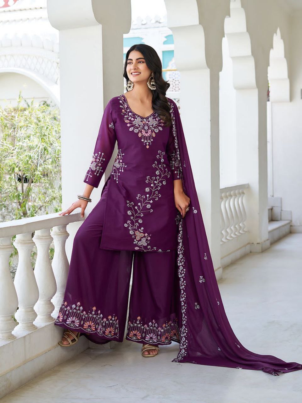 Designer Star Georgette Kurti Plazzo Dupatta Set with Moti & Sequin Embroidery Work | Ram Creation Premium Ethnic Wear