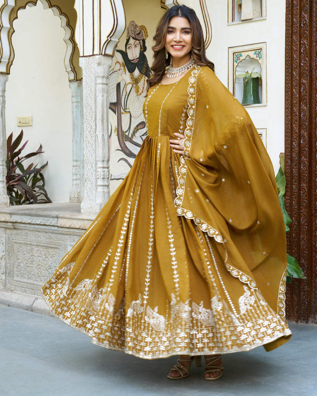 Pink & Golden Yellow Gown: Designer Star Georgette Long Gown with Heavy Sequins Embroidery & Dupatta