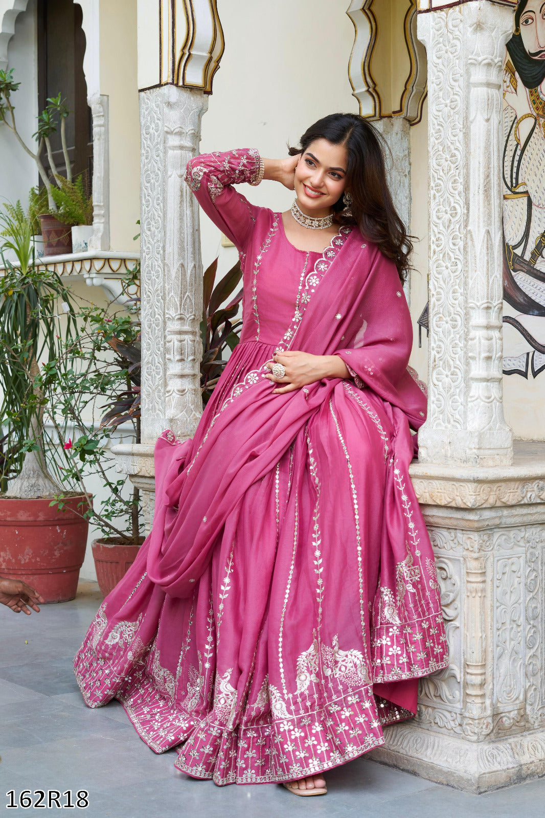 Pink & Golden Yellow Gown: Designer Star Georgette Long Gown with Heavy Sequins Embroidery & Dupatta