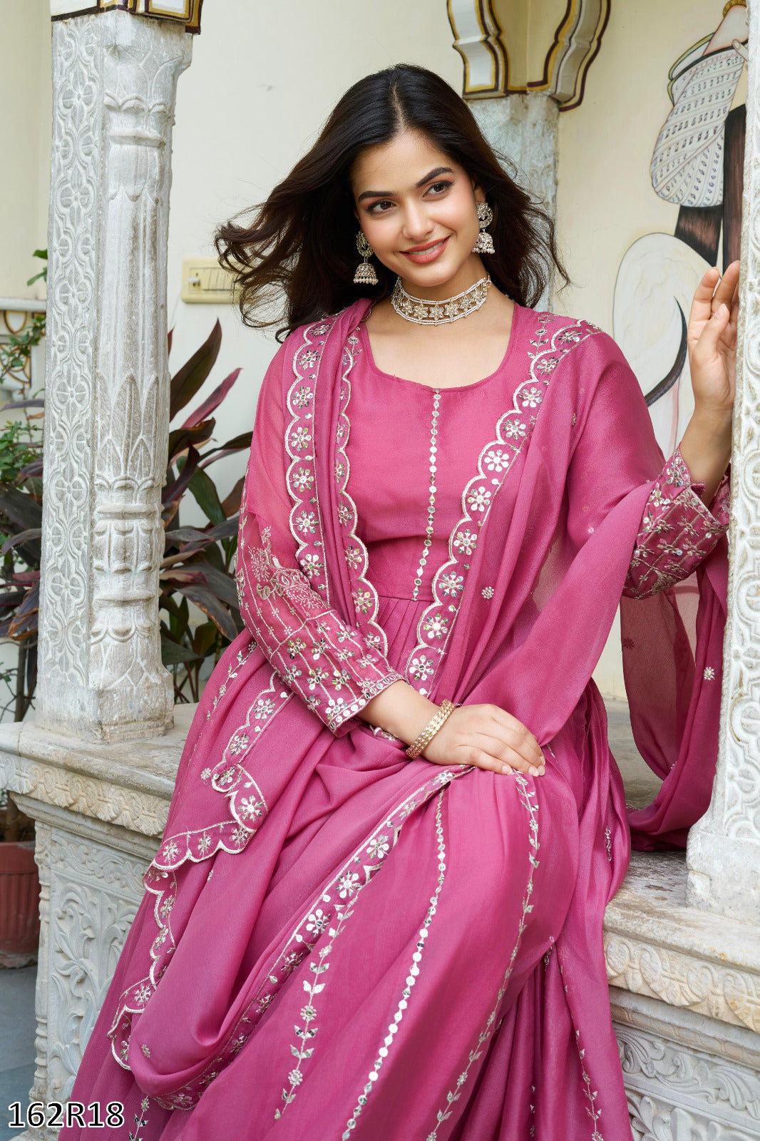 Pink & Golden Yellow Gown: Designer Star Georgette Long Gown with Heavy Sequins Embroidery & Dupatta