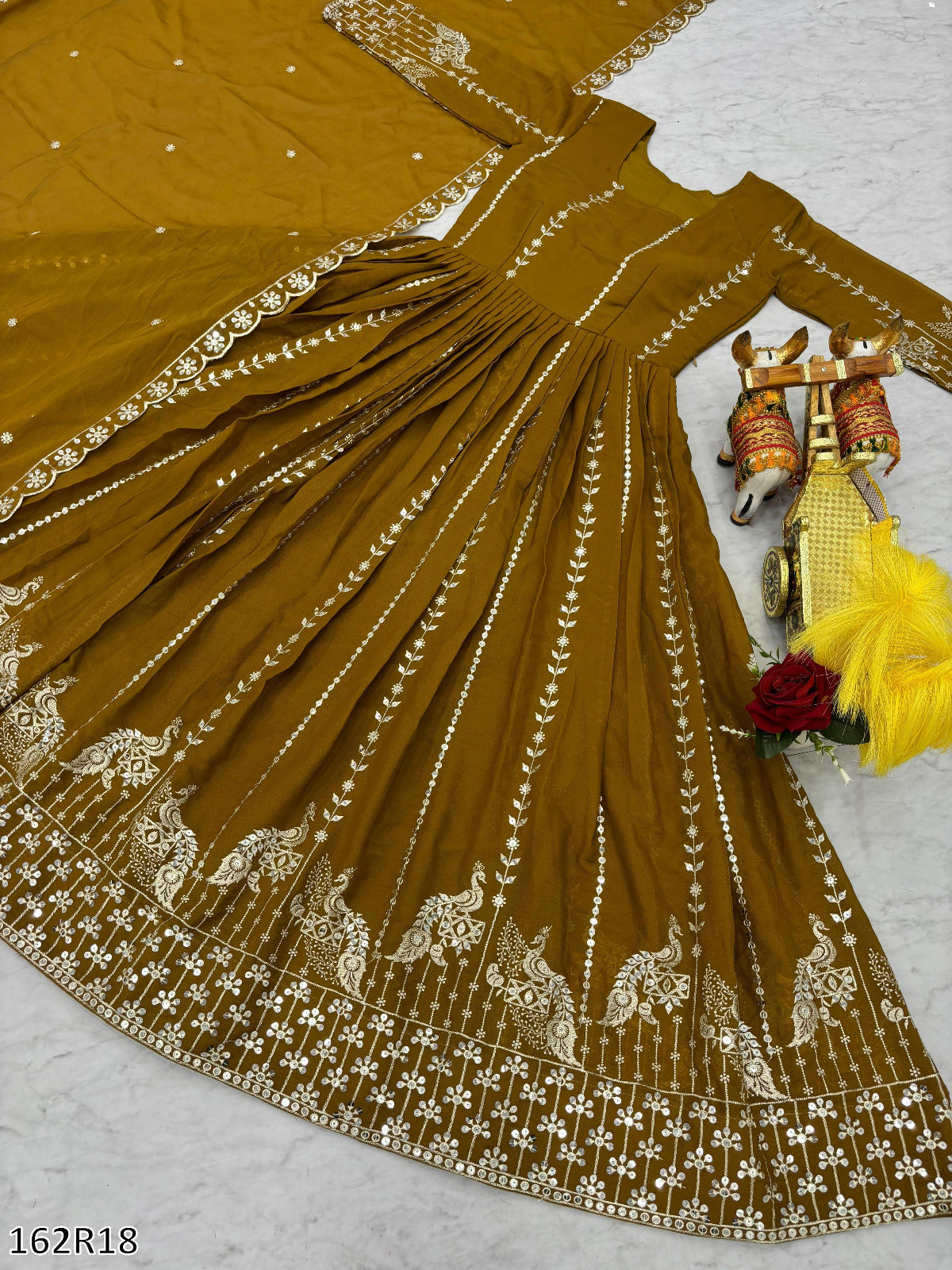 Pink & Golden Yellow Gown: Designer Star Georgette Long Gown with Heavy Sequins Embroidery & Dupatta