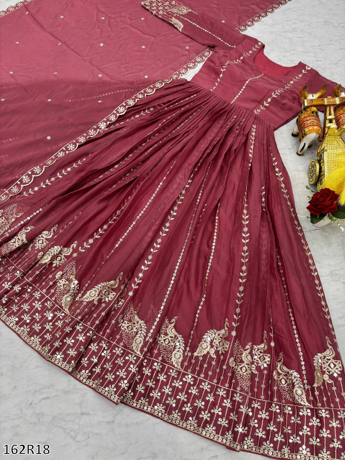 Pink & Golden Yellow Gown: Designer Star Georgette Long Gown with Heavy Sequins Embroidery & Dupatta