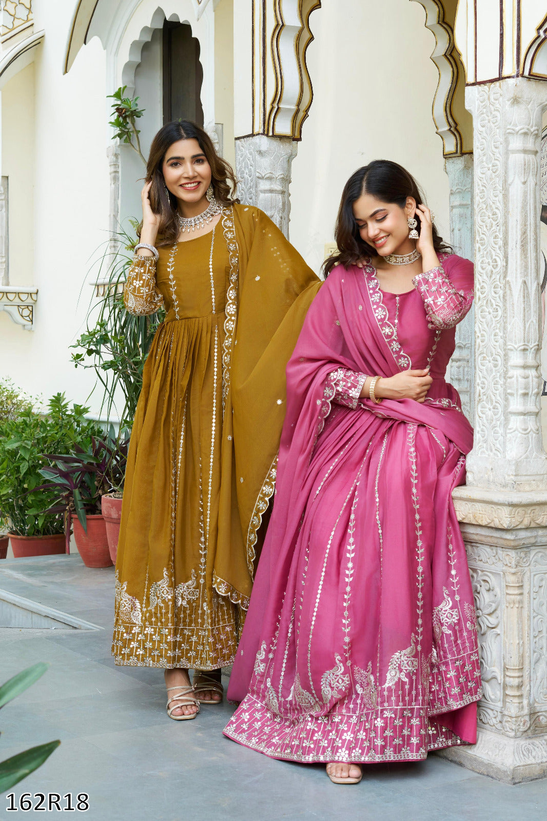 Pink & Golden Yellow Gown: Designer Star Georgette Long Gown with Heavy Sequins Embroidery & Dupatta