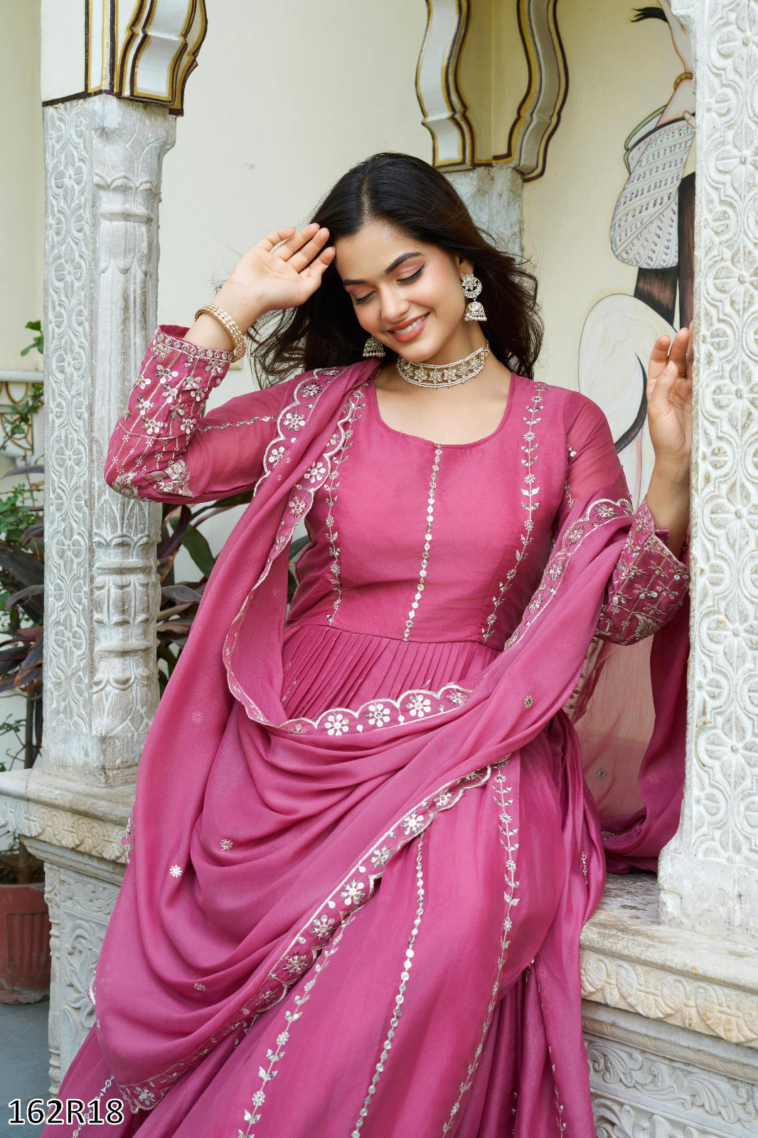 Pink & Golden Yellow Gown: Designer Star Georgette Long Gown with Heavy Sequins Embroidery & Dupatta