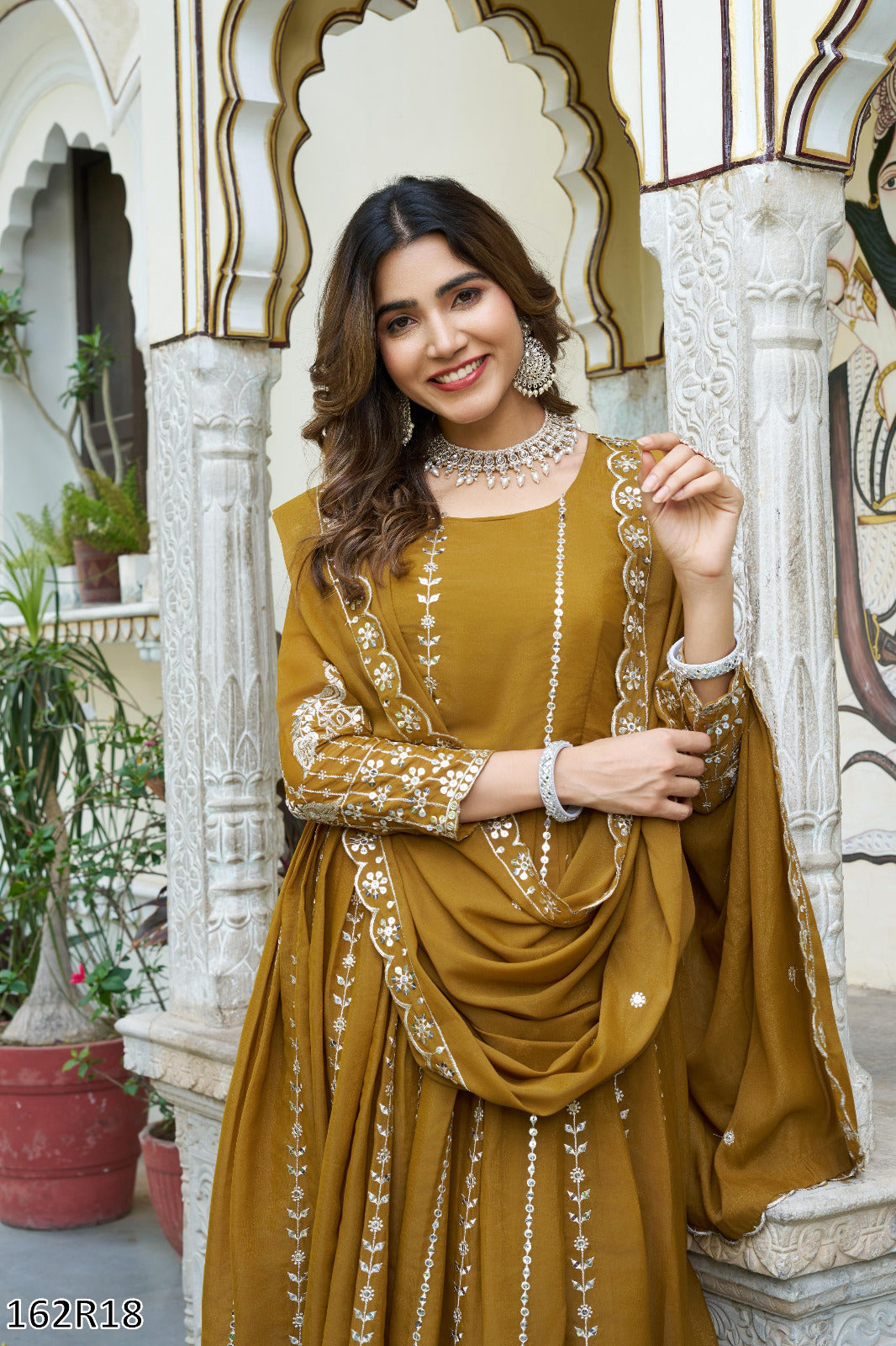 Pink & Golden Yellow Gown: Designer Star Georgette Long Gown with Heavy Sequins Embroidery & Dupatta