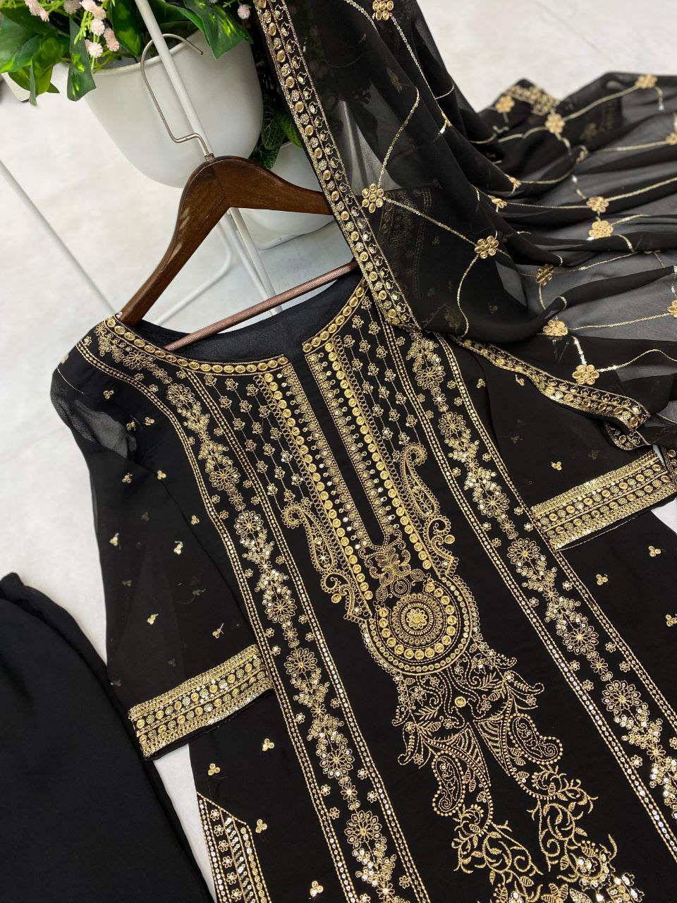Designer Trending Faux Georgette Embroidered Top, Pant & Dupatta Set