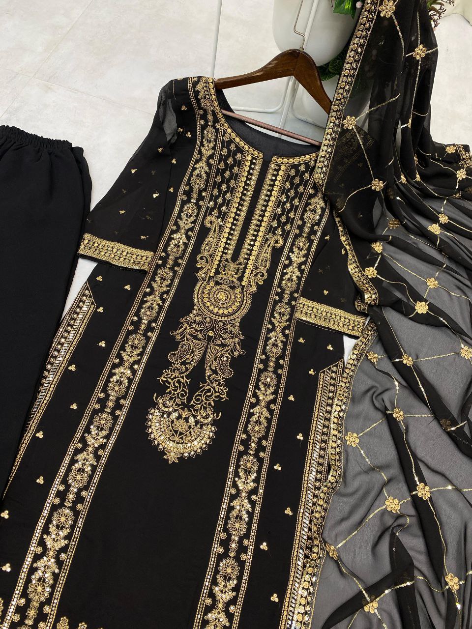 Designer Trending Faux Georgette Embroidered Top, Pant & Dupatta Set