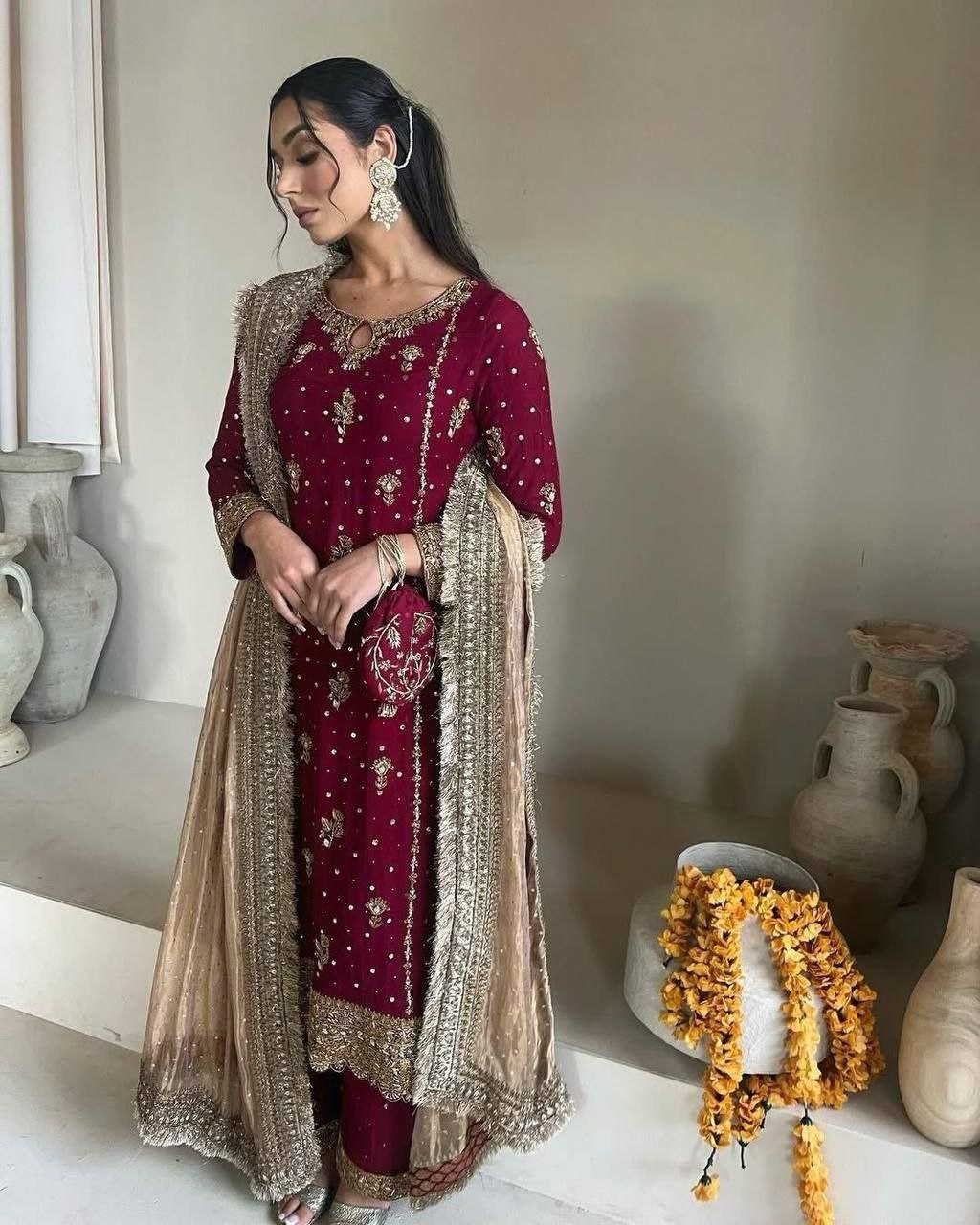 Desirable Fancy Faux Georgette Suit Set with Handmade Moti Work