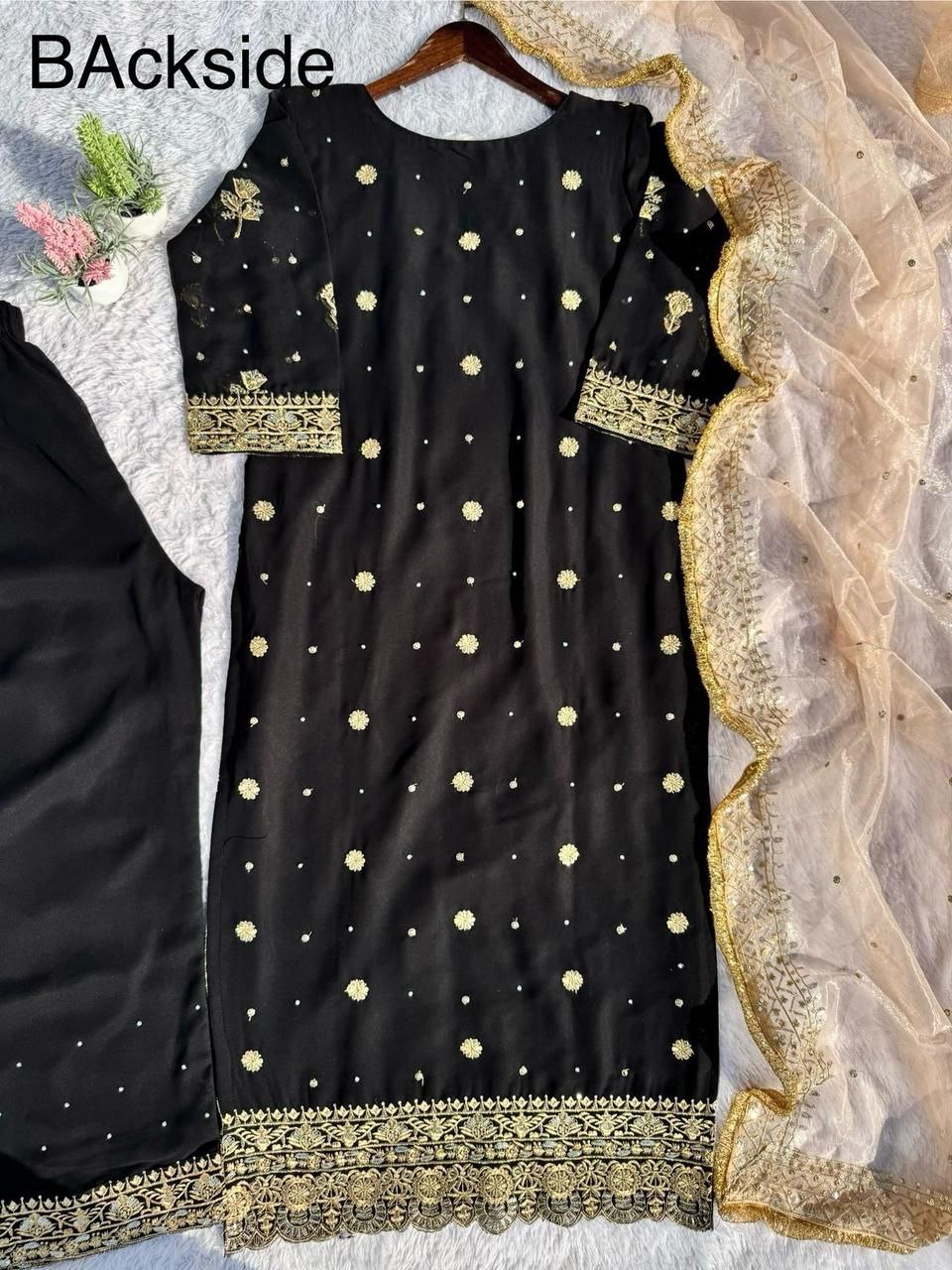 Desirable Fancy Faux Georgette Suit Set with Handmade Moti Work