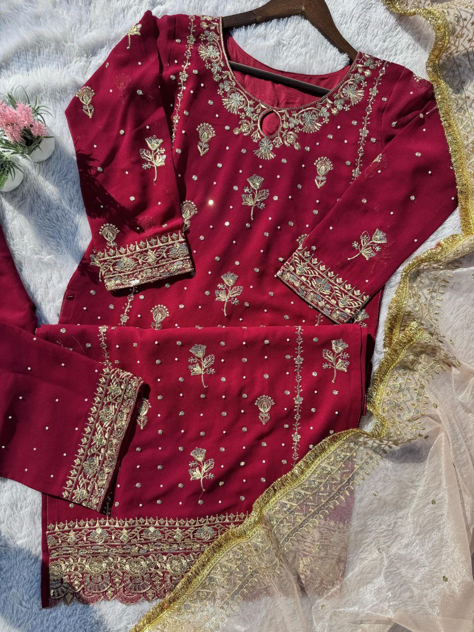 Desirable Fancy Faux Georgette Suit Set with Handmade Moti Work