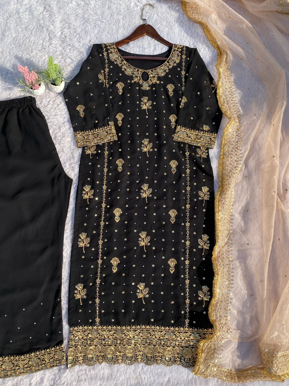 Desirable Fancy Faux Georgette Suit Set with Handmade Moti Work