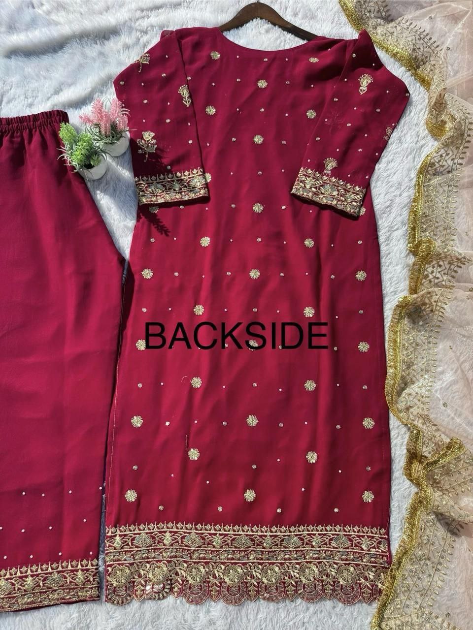 Desirable Fancy Faux Georgette Suit Set with Handmade Moti Work